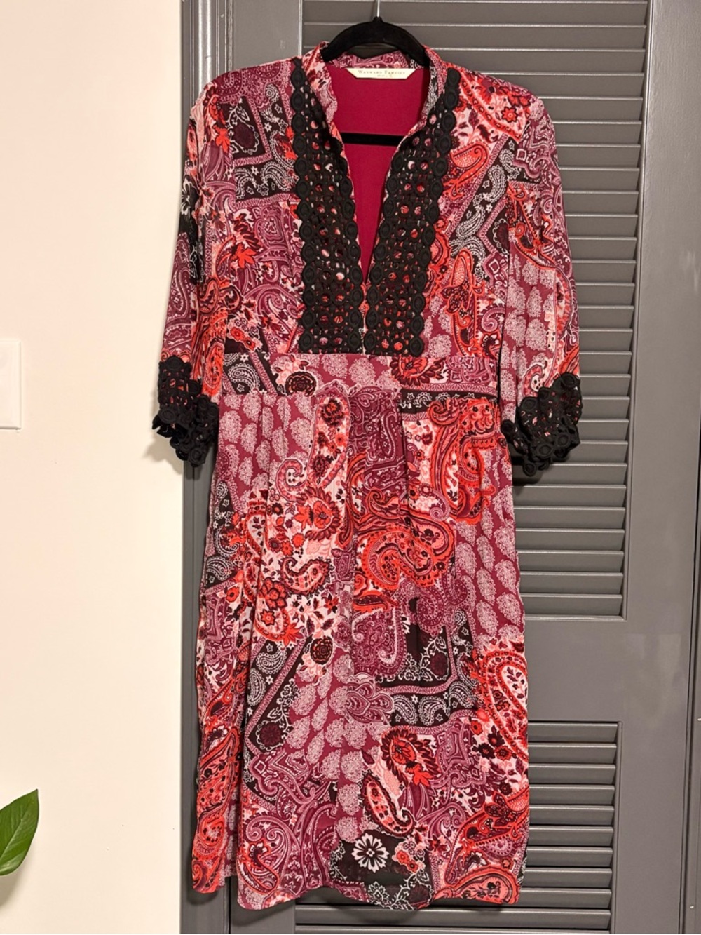 Paisley Midi Dress with Black Lace Trim - Pink & Red